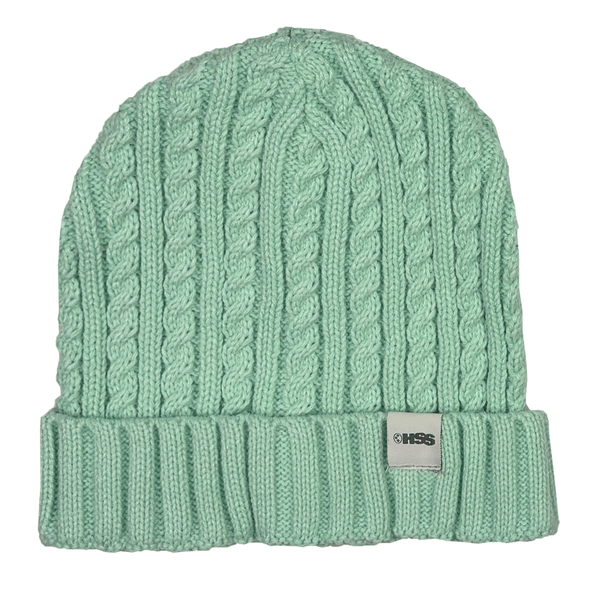 mint color cuff beanie with HSS clip label