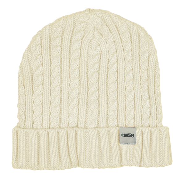 natural colored cable knit cuff beanie with HSS clip label