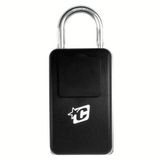 black lock with small white logo