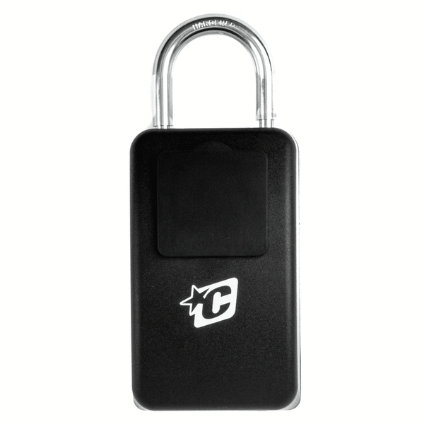black lock with small white logo