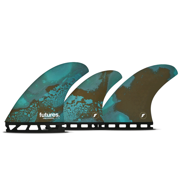 3 blue and black surf fins with "futures" and "christenson" branding 