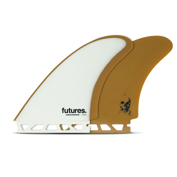 white and tan surf fins with "futures" and "christenson" branding