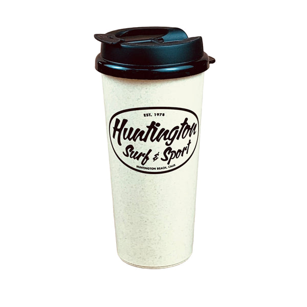 White travel mug with black lid featuring 'Huntington Surf & Sport' logo on a white background