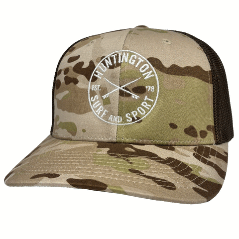 brown camoflauge trucker hat with white logo