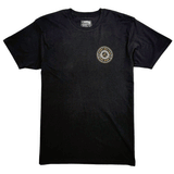 front of black t-shirt with yellow circular logo on chest