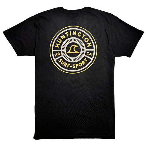 back of black t-shirt with yellow circular logo