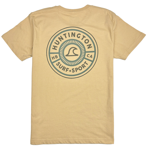 vintage yellow t-shirt with a circle print including a wave. 