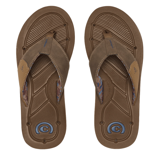 top view of a pair of brown sandals