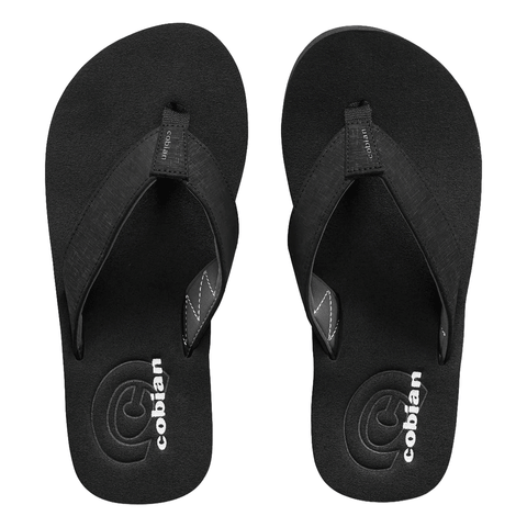 top view of black pair of flip flop sandals