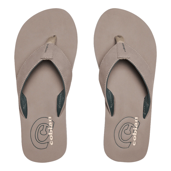 top view of a pair of tan flip flop sandals