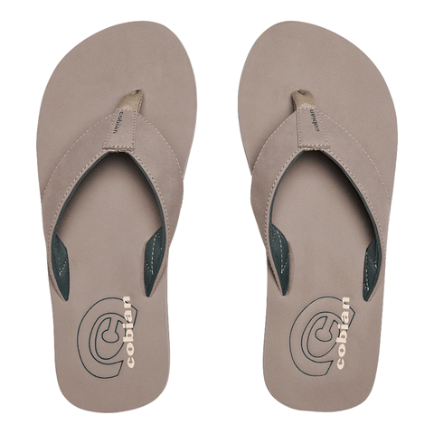 top view of a pair of tan flip flop sandals