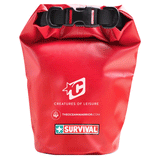 Red dry bag with small text "survival"