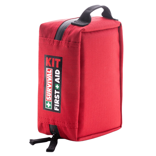 red survival kit bag with handle and zipper