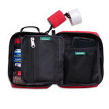 opened survival kit bag showing multiple pockets
