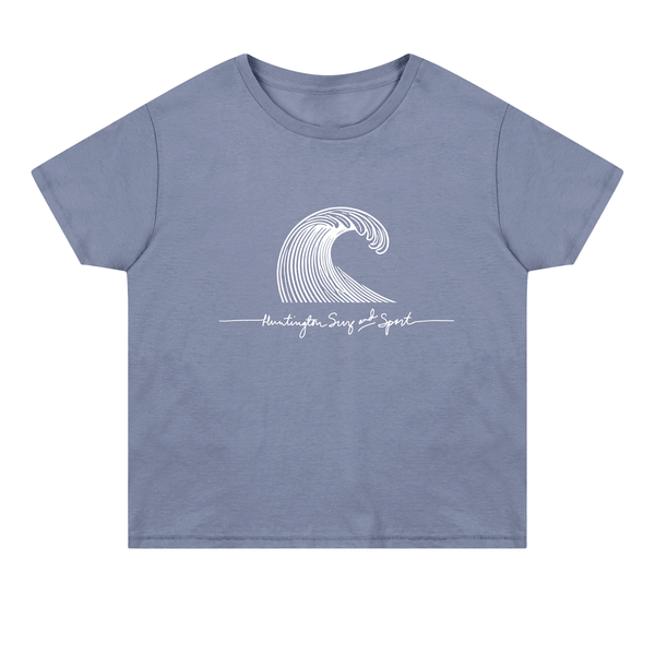 blue cropped tshirt with a drawn wave and huntington surf and sport in script