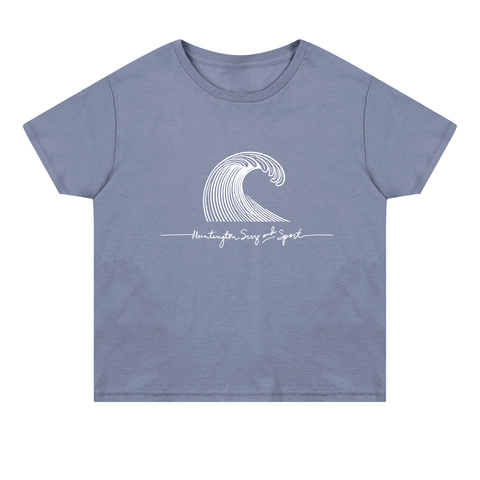 blue cropped tshirt with a drawn wave and huntington surf and sport in script
