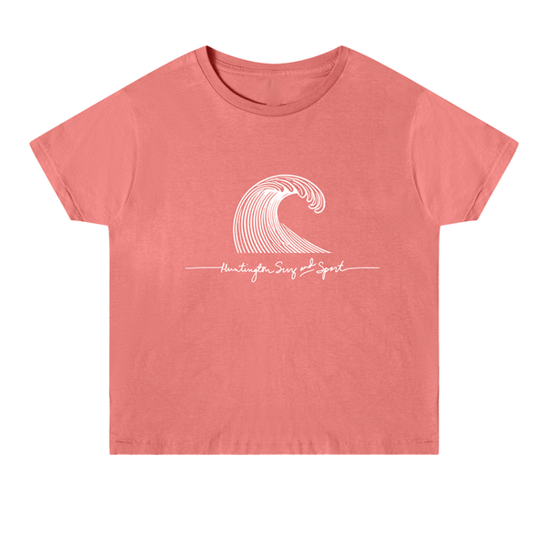 pink cropped tshirt with a drawn wave and huntington surf and sport in script