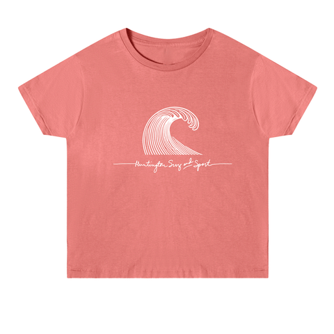 pink cropped tshirt with a drawn wave and huntington surf and sport in script