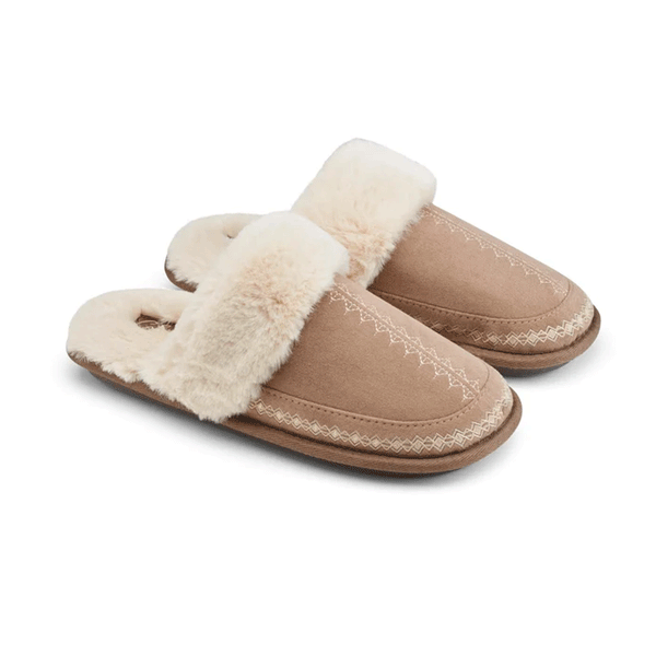 chestnut colored slide sandals with sherpa lining