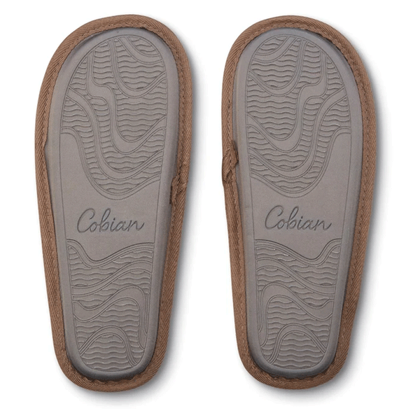 bottom of slide sandals with rubber grip that reads Cobian