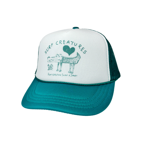 green and white trucker hat with green logo on a white background