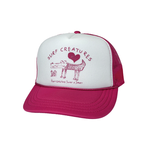 pink and white trucker hat with a pink logo on a white background