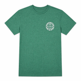 Green t-shirt with white graphic design on a white background