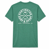 Green t-shirt with white graphic design on a white background