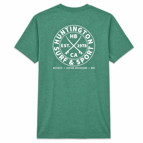 Green t-shirt with white graphic design on a white background