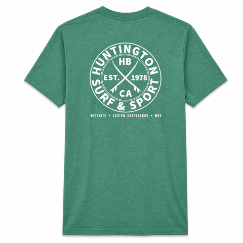 Green t-shirt with white graphic design on a white background