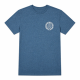 Blue heather Huntington Surf & Sport t-shirt with small chest logo on white background