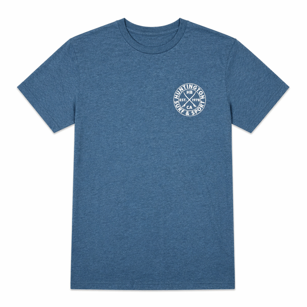 Blue heather Huntington Surf & Sport t-shirt with small chest logo on white background