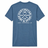Blue heather Huntington Surf & Sport t-shirt with large white circular back logo on white background