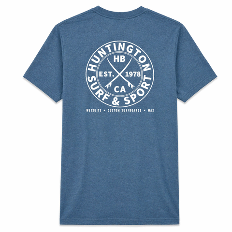 Blue heather Huntington Surf & Sport t-shirt with large white circular back logo on white background