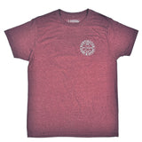 Maroon t-shirt with a logo on the chest against a white background