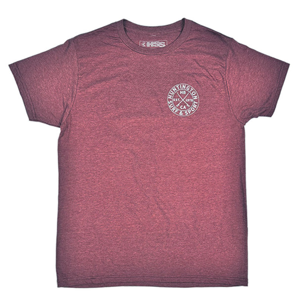 Maroon t-shirt with a logo on the chest against a white background