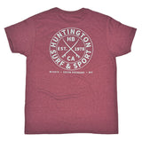 Maroon t-shirt with white graphic design on the back on a white background