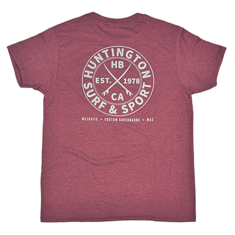 Maroon t-shirt with white graphic design on the back on a white background