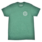 Green t-shirt with a logo on the chest against a white background