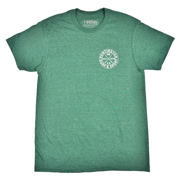 Green t-shirt with a logo on the chest against a white background