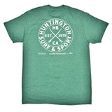 Green t-shirt with white graphic design on a white background