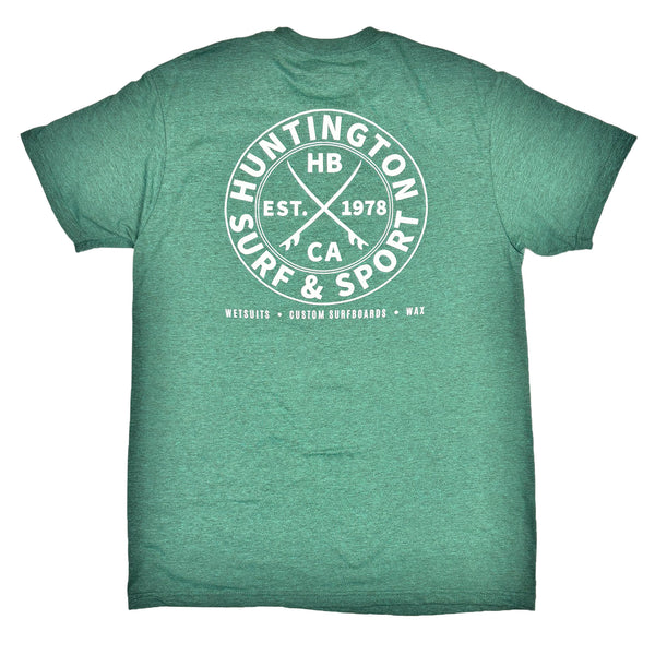 Green t-shirt with white graphic design on a white background