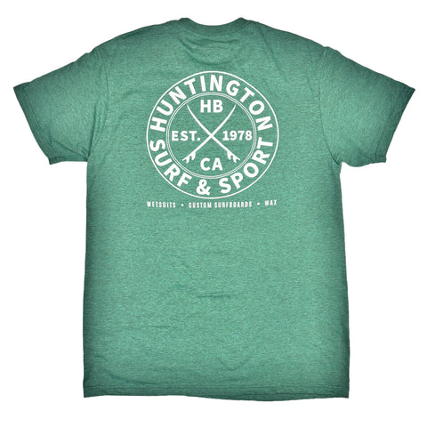 Green t-shirt with white graphic design on a white background