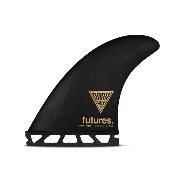 black surf fin with "dark arts" and "futures" branding