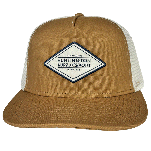 tan trucker hat with grey mesh and stitched white diamond shaped HSS patch