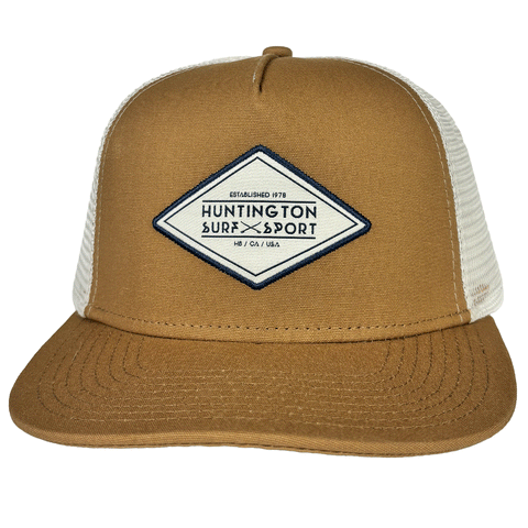 tan trucker hat with grey mesh and stitched white diamond shaped HSS patch