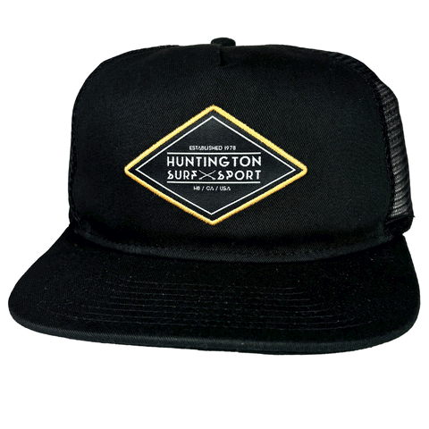 black trucker hat with black mesh and stitched black diamond shaped HSS patch