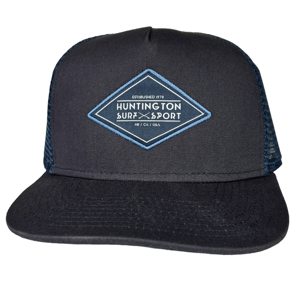 navy blue trucker hat with blue mesh and stitched blue diamond shaped HSS patch