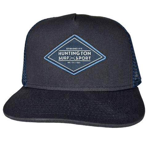 navy blue trucker hat with blue mesh and stitched blue diamond shaped HSS patch