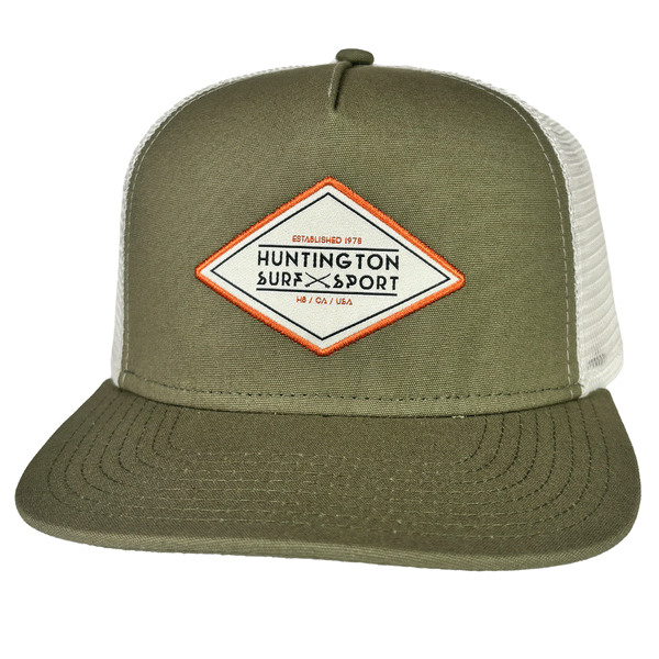 olive green trucker hat with white mesh and stitched white diamond shaped HSS patch
